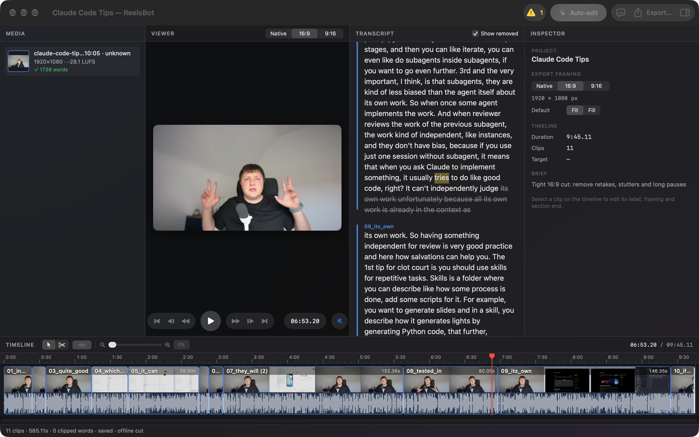 An auto-edited project with removed words struck through in the transcript and the brief in the inspector