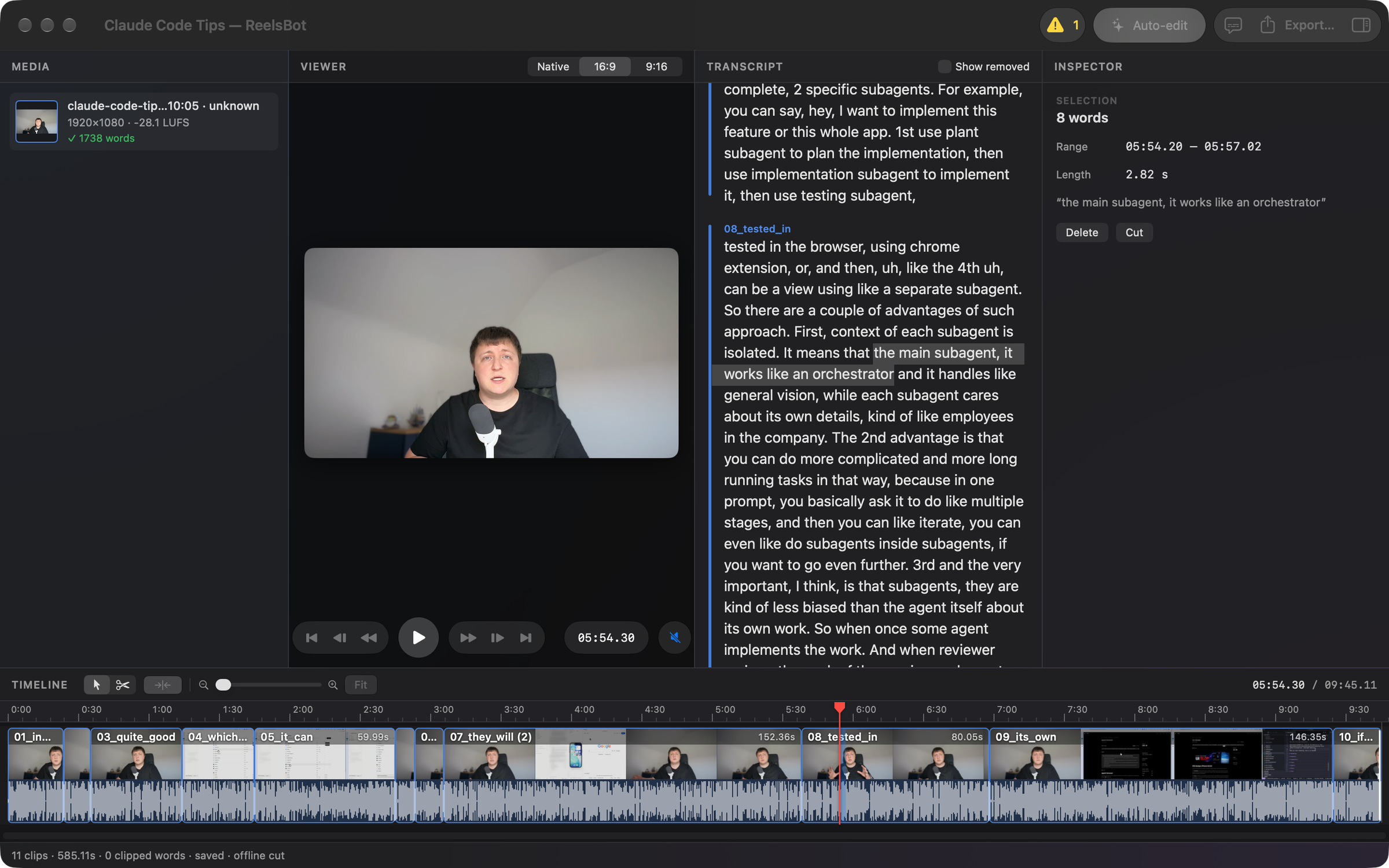 The ReelsBot editor: media, viewer, transcript, inspector and a timeline of eleven clips