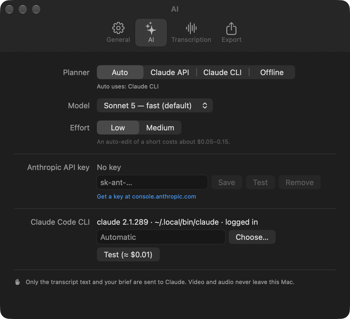 AI settings: choose Auto, Claude API, Claude CLI or Offline, the model and the effort